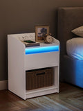 Comodino con luce LED, Tavolino con stazione di ricarica 1 cassetto portaoggetti per camera da letto,