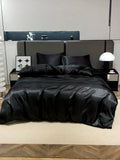 Set 3 pezzi di biancheria da letto in raso di seta di colore nero premium morbido e traspirante