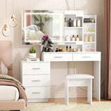 Toeletta con luce LED, specchio scorrevole, sgabello e porta di ricarica