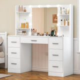 Tavolo da trucco con luci LED con specchio 7 cassetti, 4 ripiani aperti e 5 ganci per gioielli, bianco