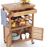 Carrello Cucina in Legno di bambù con Portabottiglie, Cassetto Portaposate Cestello