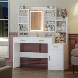 Toeletta Ampio Piano con Specchio, 3 Cassetti e 1 Armadio, Scaffali Multiplani Aperti