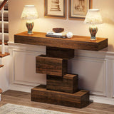 Consolle Industriale 108cm Tavolo Stretto in Legno Rustico Marrone con Base Geometrica