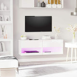 Mobile Porta TV Bianco Legno Sospeso Parete Luci LED 2 Ante Ripiani Soggiorno