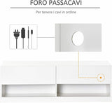 Mobile Porta TV Bianco Legno Sospeso Parete Luci LED 2 Ante Ripiani Soggiorno