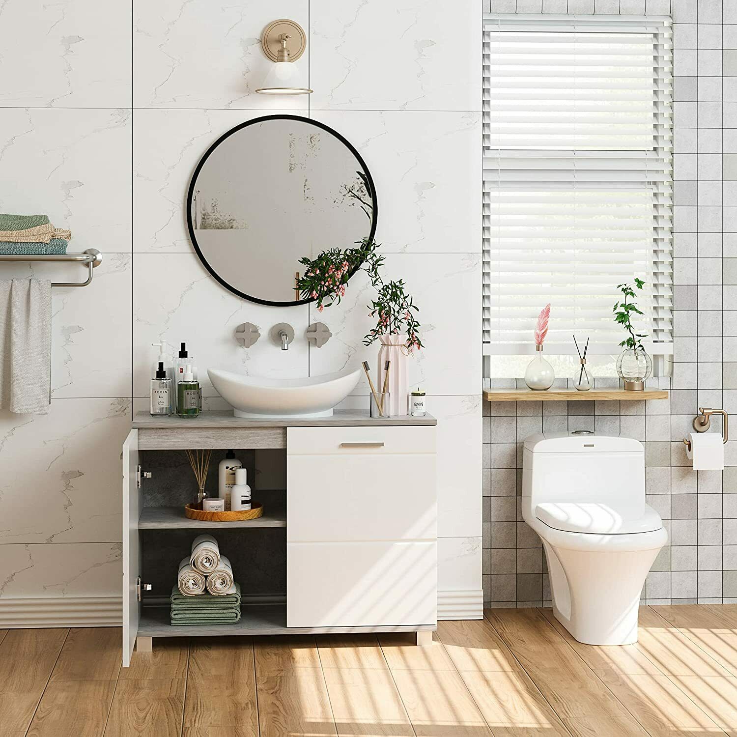 SoBuy Mobile Sottolavabo Mobile Bagno Con 2 Ante Scorrevoli Mobiletto Bagno Salvaspazio Bianco Bzr142 W