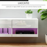 Mobile Porta TV Bianco Legno Sospeso Parete Luci LED 2 Ante Ripiani Soggiorno