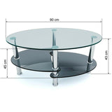 Tavolino basso da salotto in vetro ovale con 2 ripiani gambe in metallo nero