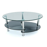 Tavolino basso da salotto in vetro ovale con 2 ripiani gambe in metallo nero