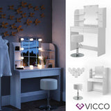 Vicco toeletta da trucco Charlotte Toilette Cassettone LED Bianco + sgabello