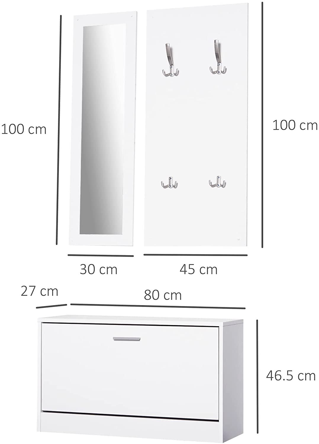 Mobile d'Ingresso Moderno Guardaroba Set Appendiabiti Specchio e Scarpiera  3 in 1 in Legno Bianco