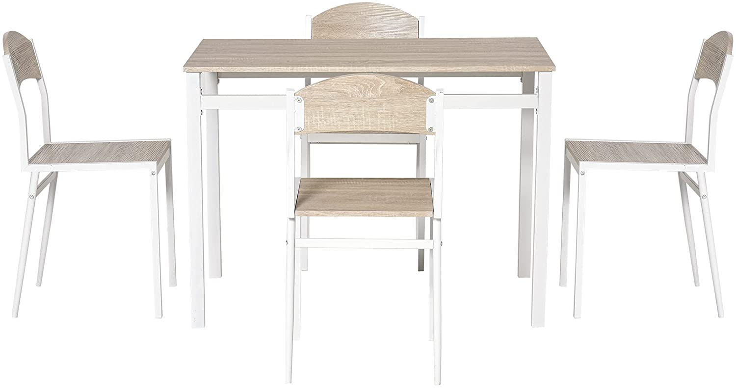 Set da Pranzo Tavolino e 4 Sedie in Metallo e MDF Legno, Bianco – Vicco