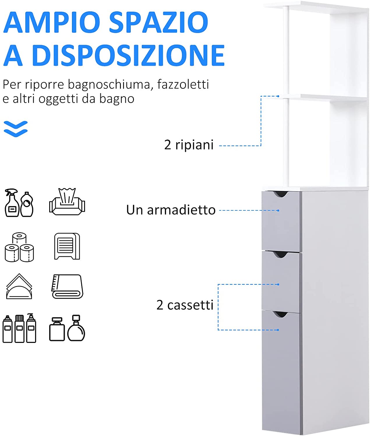 Mobiletto a Colonna Salvaspazio in Legno, Armadietto da Bagno con Ripi –  Vicco