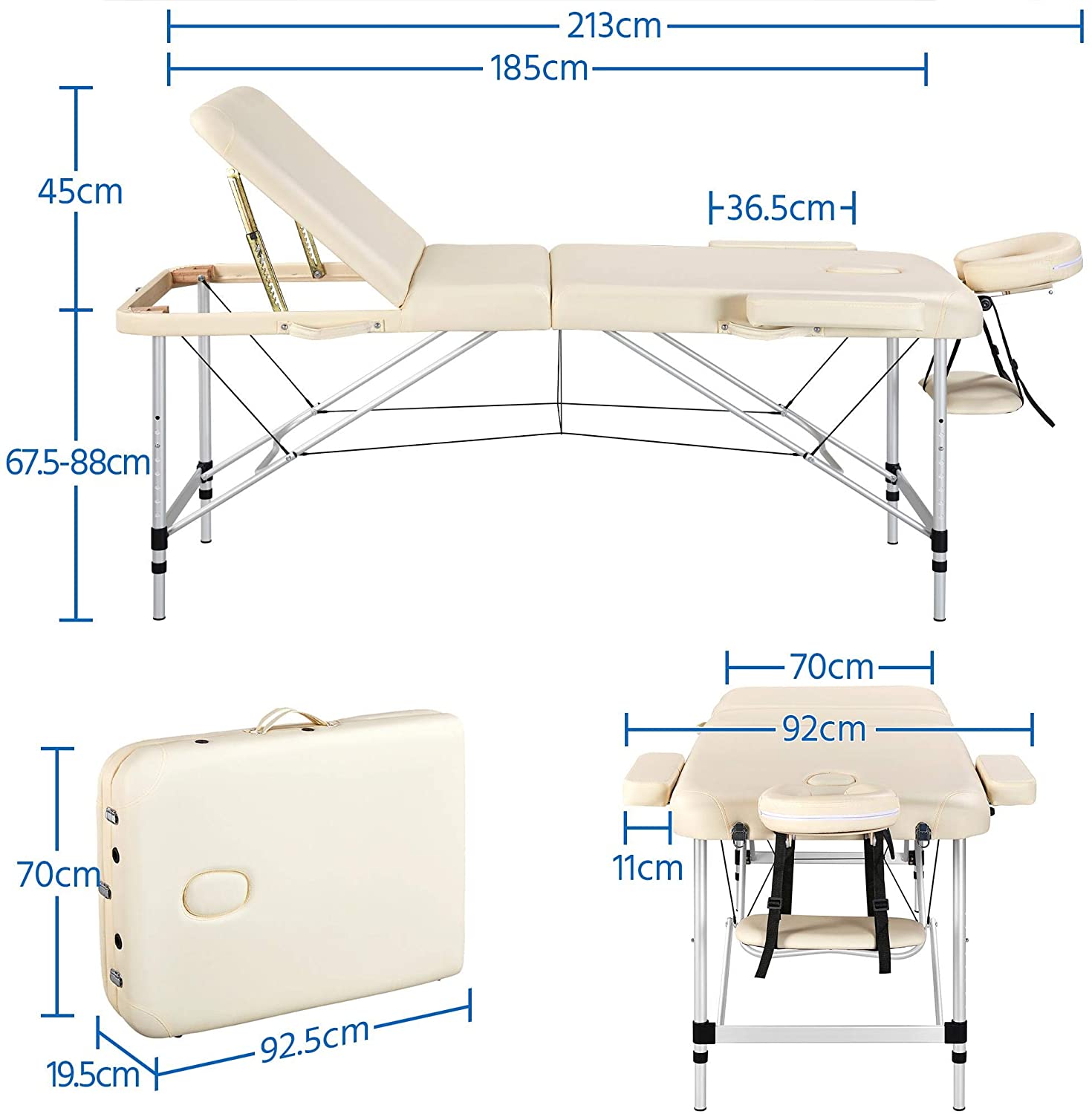 Lettino da massaggio portatile - 185 x 60 x 59 cm - 180 kg - Bianco