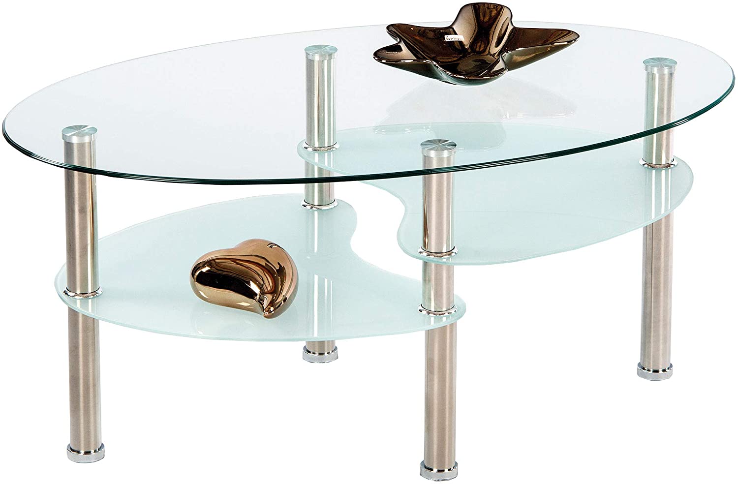Tavolino basso da salotto in vetro ovale con 2 ripiani gambe in metall –  Vicco
