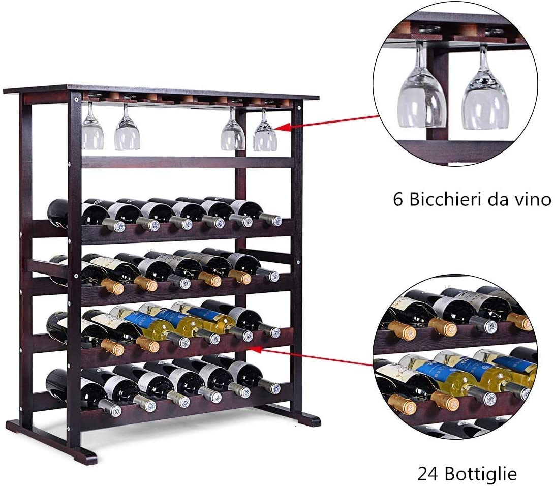 Cantinetta Portabottiglie Scaffale per Vino con Portabicchiere in Legno da 24 Bottiglie, Marrone Scuro,