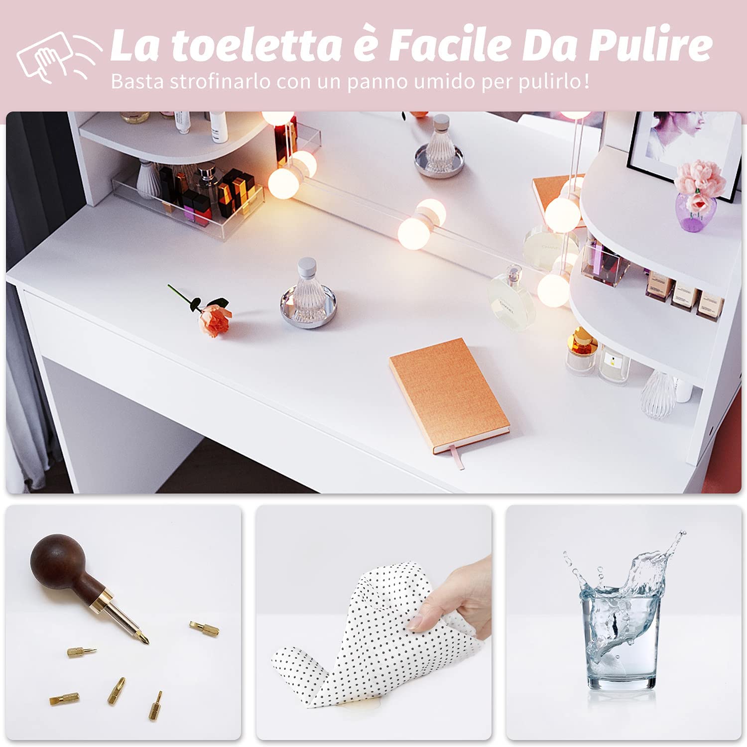 Toeletta Trucco con Specchio, Luci LED Luminosità Regolabile, Postazione  Trucco con Sgabello Girevole, 108x40 cm, Bianco