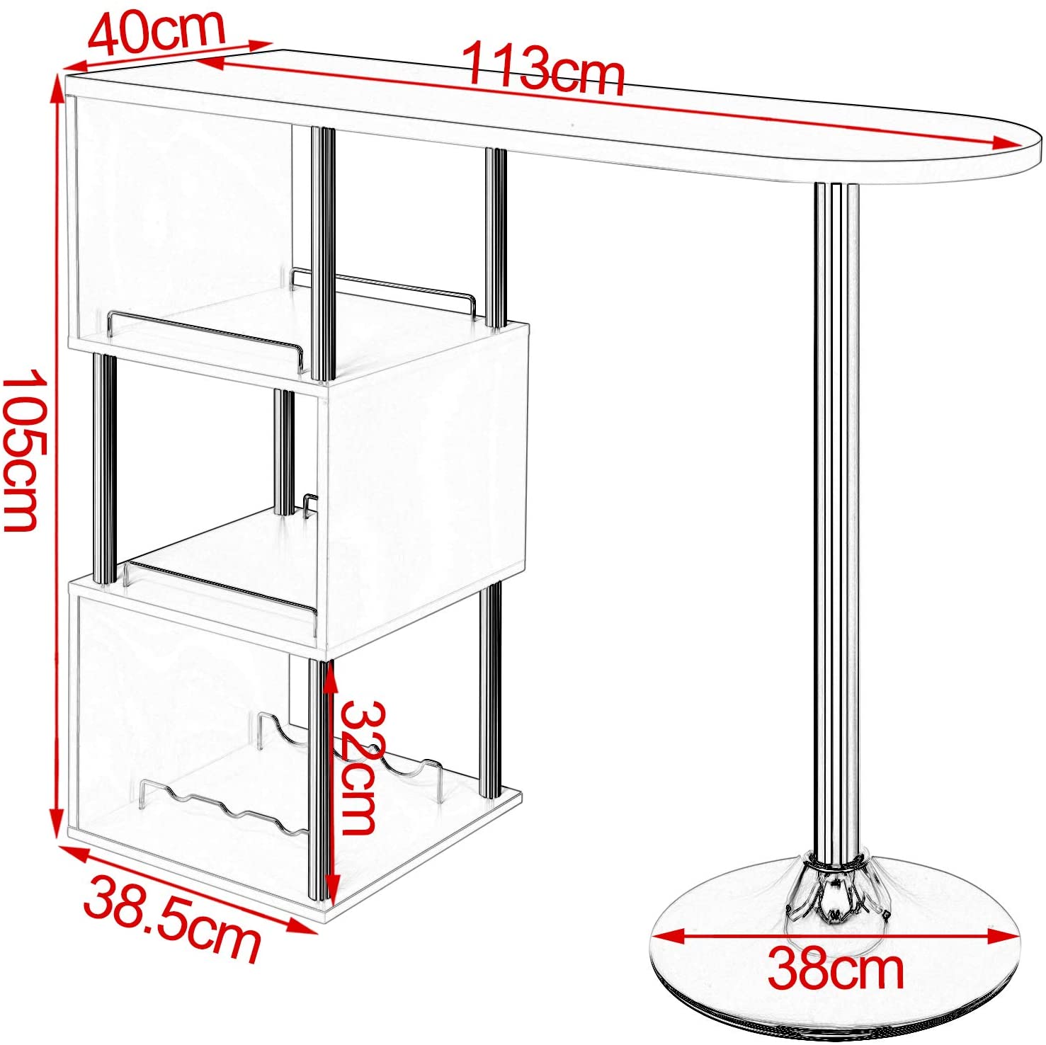 Tavolo Alto Da Bar 113x40x105 Cm Con Mensole E Portabottiglie Bianco