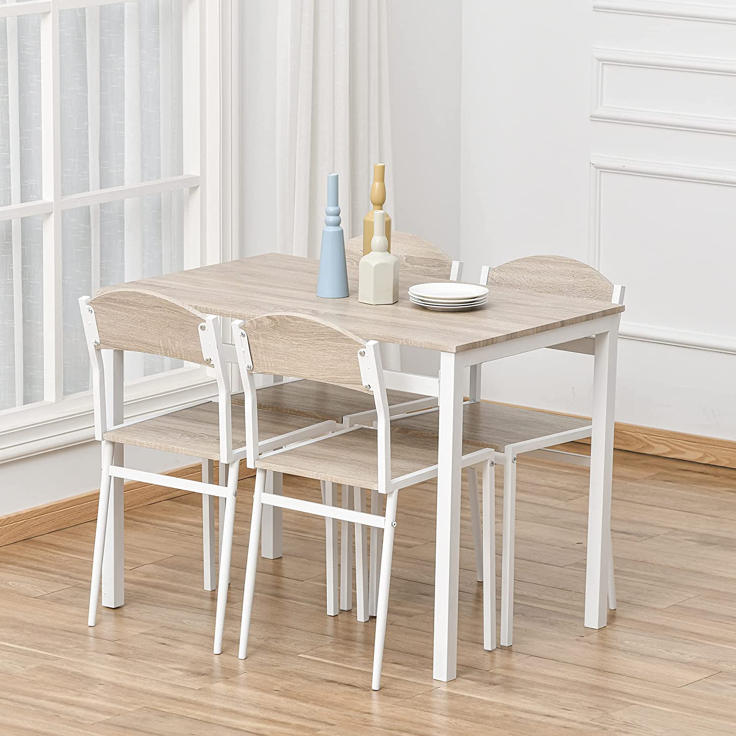 Set da Pranzo Tavolino e 4 Sedie in Metallo e MDF Legno, Bianco