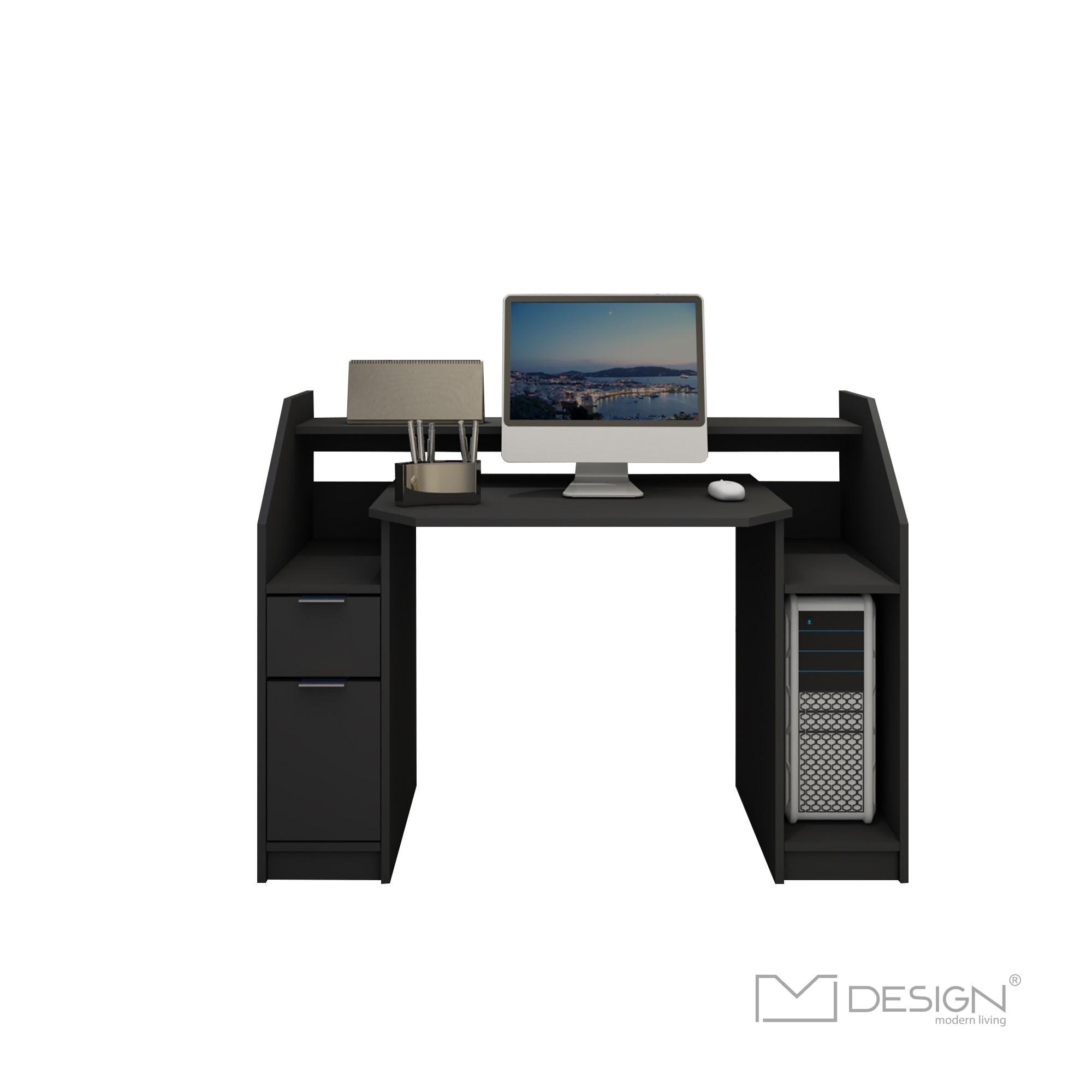 Scrivania per computer tavolo nero ufficio mobile con cassetto ripiani 120  cm