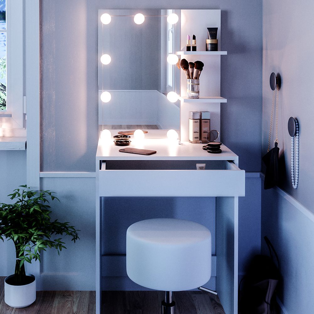 Tavolino da toilette Vicco Elara bianco + sgabello e specchio LED