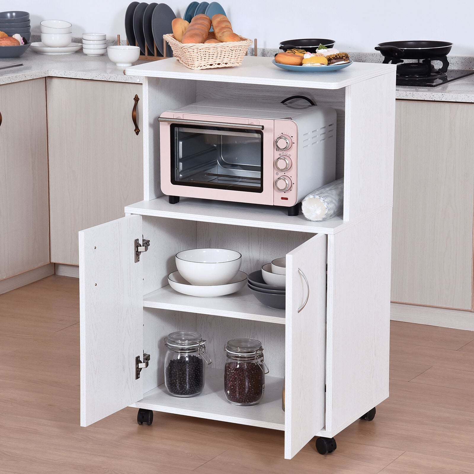 Mobiletto Cucina per Microonde con Armadietto e Ruote in Legno Bianco –  Vicco