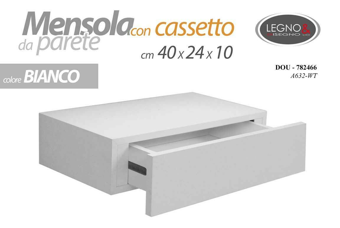 Mensola Cassetto Sospeso da Parete Scaffale in Legno MDF Bianco 40x24x10cm