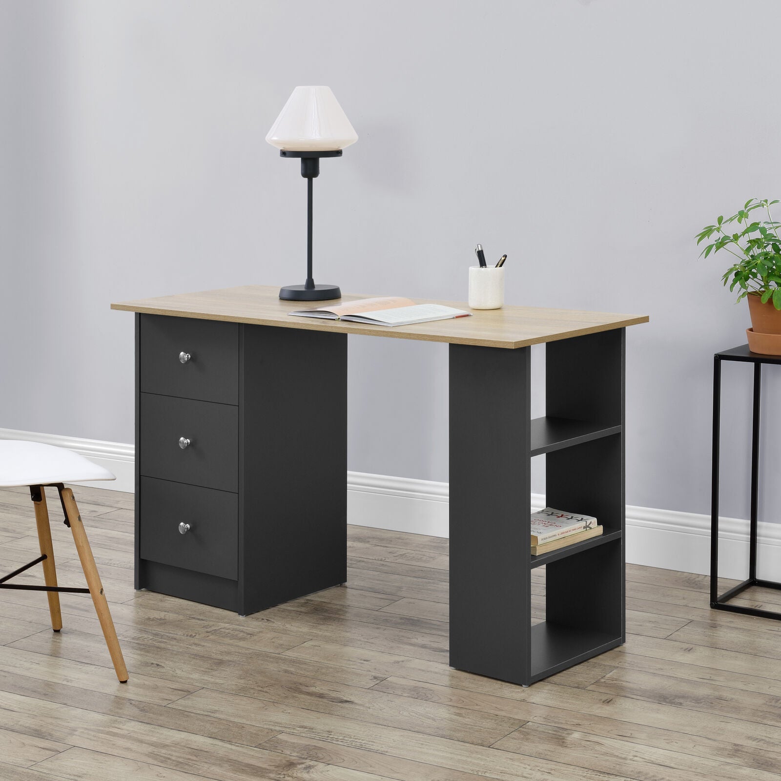 scrivania tavolo da ufficio grigio / legno con cassetti Tavolo PC – Vicco