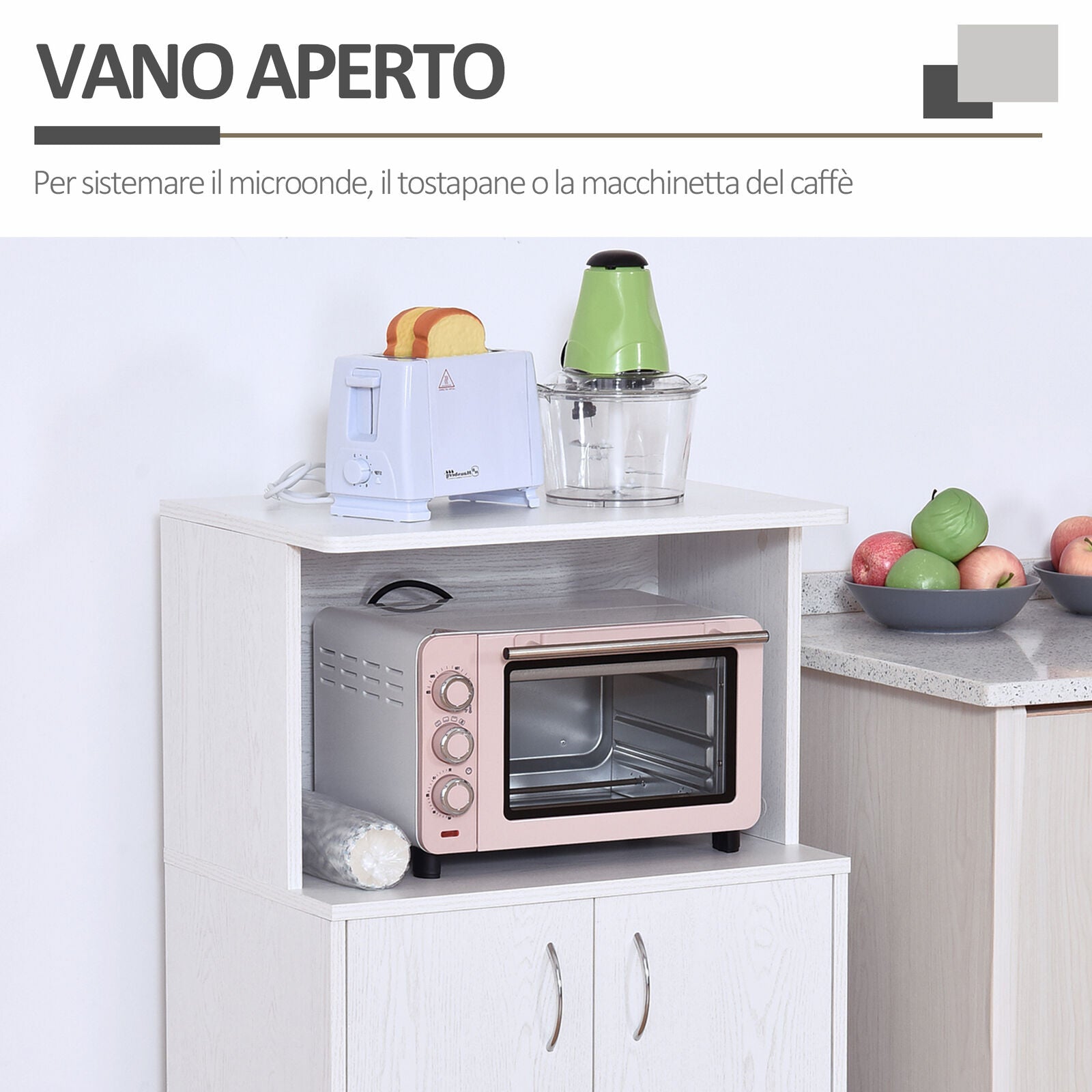 Mobiletto Porta Microonde Multiuso in Legno con Cassetti da Cucina Bianco