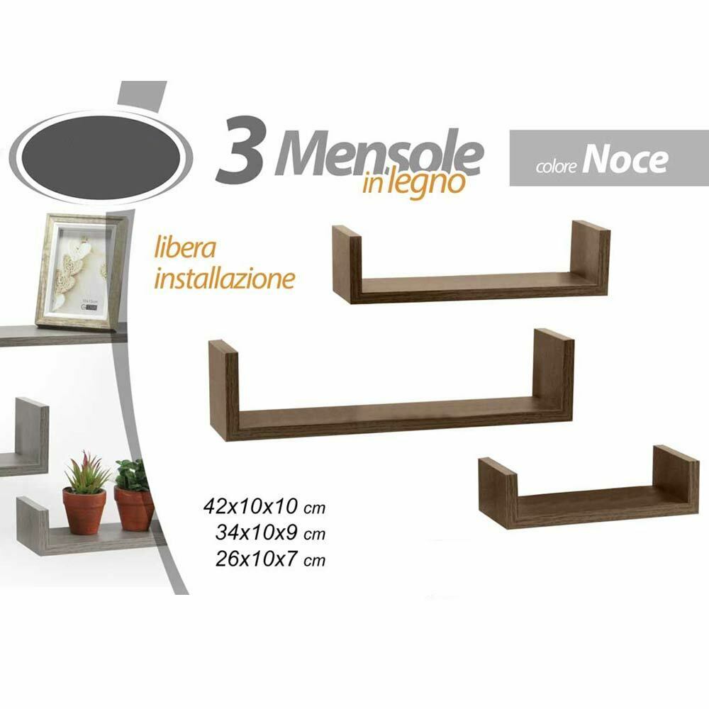 Set 3 Mensole da Parete Moderne Design con Bordi Mensola Scaffale Legno Noce