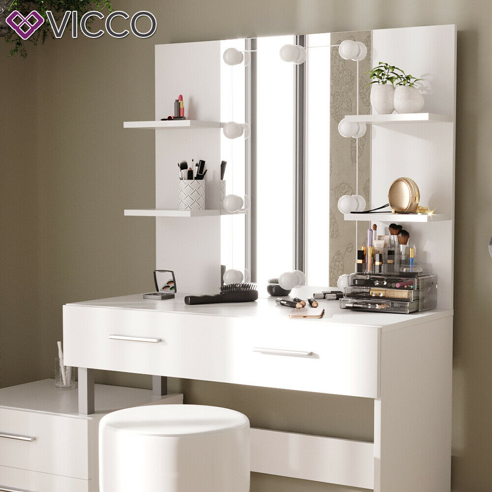 Tavolo cosmetico da trucco make-up specchio Sgabello + LED Bianco Mari –  Vicco