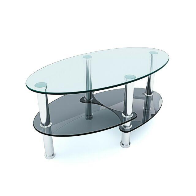 Tavolino basso da salotto in vetro ovale con 2 ripiani gambe in metallo nero